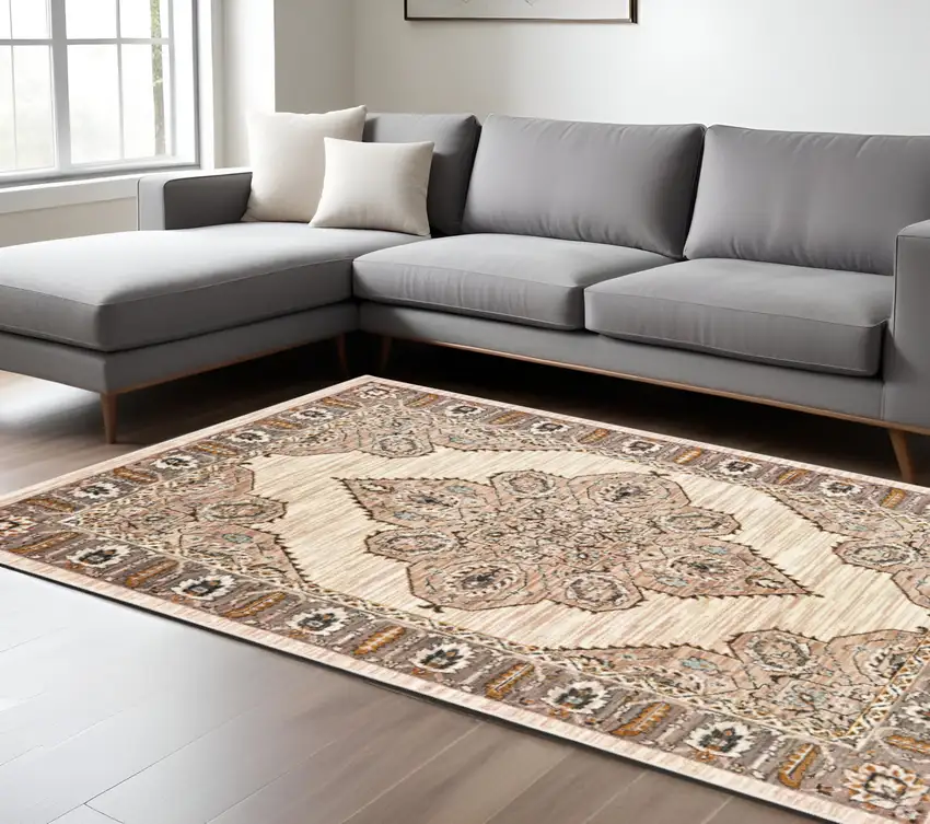 Gold and Ivory Oriental Power Loom Area Rug Photo 1