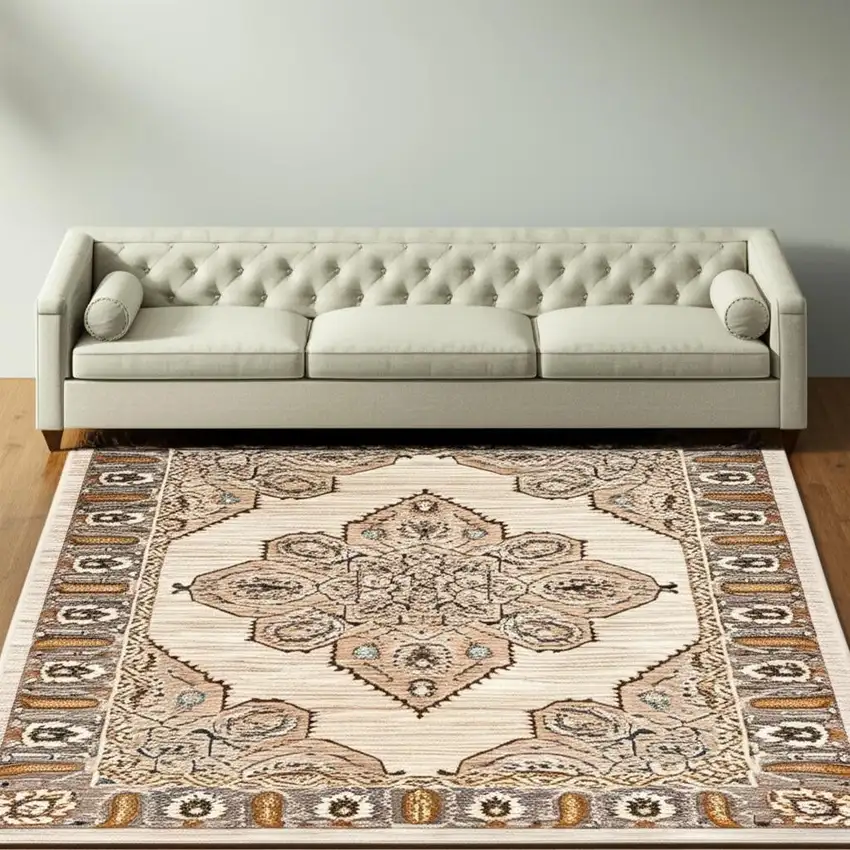 Ivory Gold Grey And Blue Oriental Power Loom Stain Resistant Area Rug Photo 1