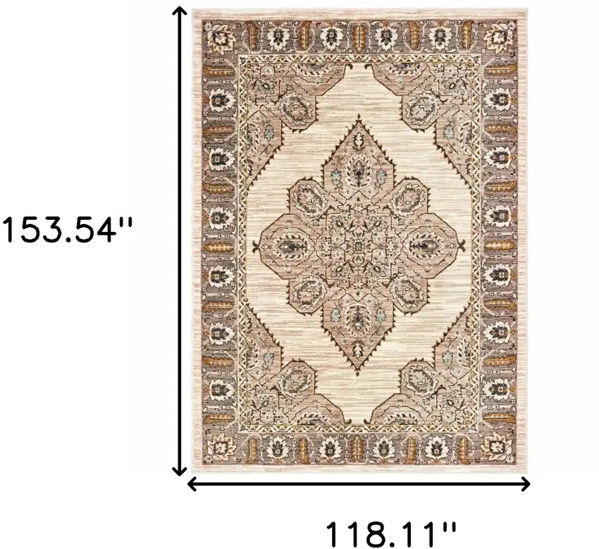Ivory Gold Grey And Blue Oriental Power Loom Stain Resistant Area Rug Photo 6