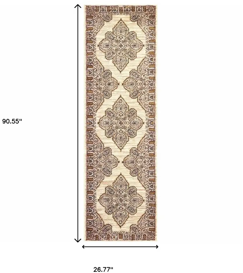 Ivory Gold Grey And Blue Oriental Power Loom Stain Resistant Runner Rug Photo 5