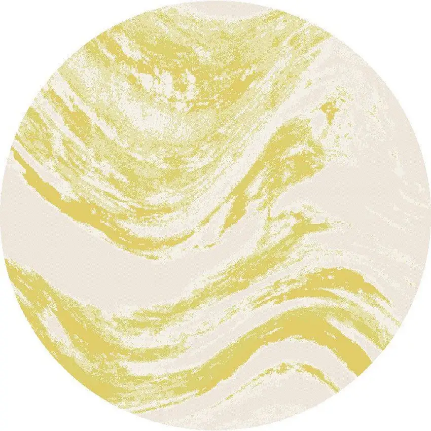Ivory Gold Machine Woven Abstract Waves Round Indoor Outdoor Area Rug Photo 5