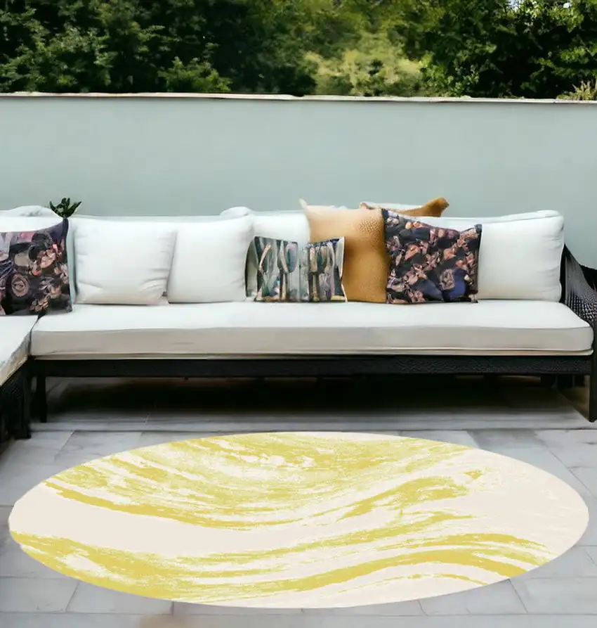 8' Ivory Gold Machine Woven Abstract Waves Round Indoor Outdoor Area Rug Photo 1