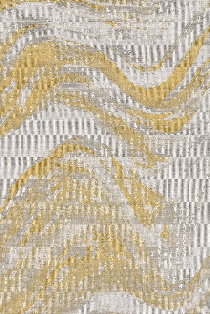 Ivory Gold Machine Woven Abstract Waves Round Indoor Outdoor Area Rug Photo 2