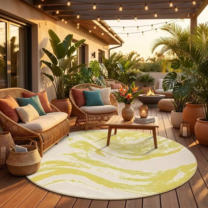 8' Gold And Ivory Abstract Indoor Outdoor Area Rug Photo 1
