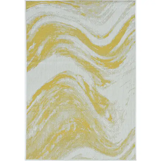 Ivory Gold Machine Woven UV Treated Abstract Waves Indoor Outdoor Area Rug Photo 2