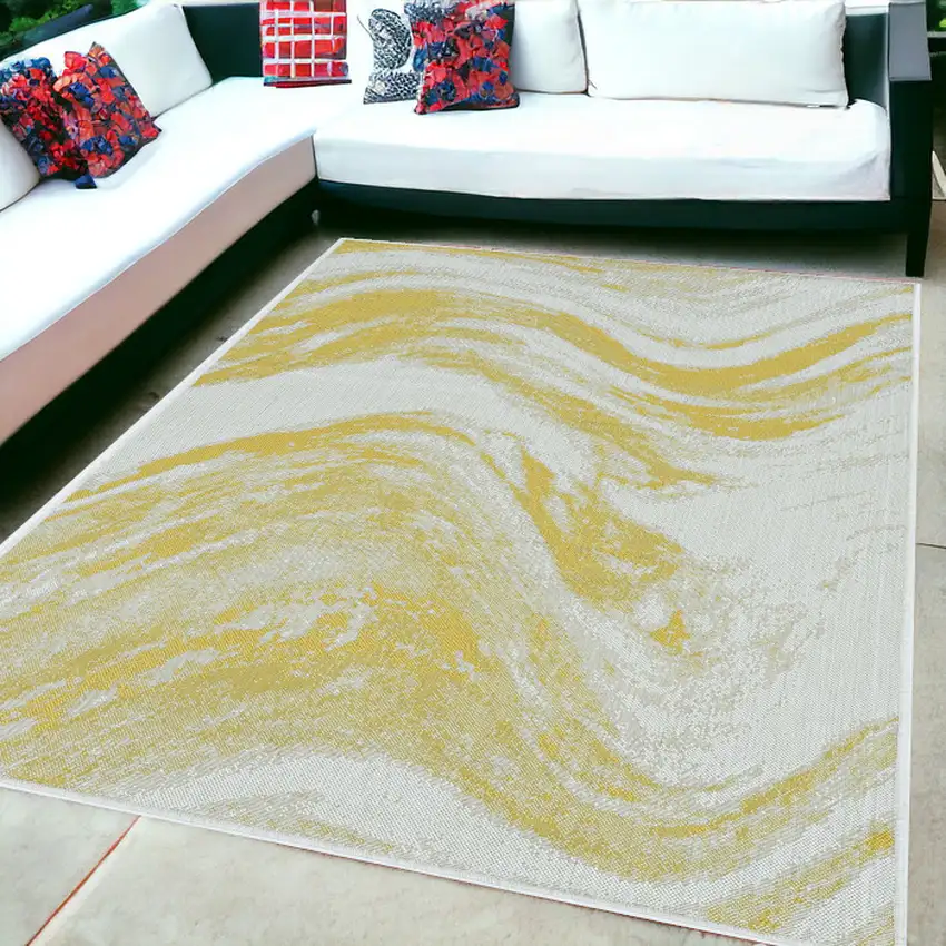 5'X7' Ivory Gold Machine Woven Uv Treated Abstract Waves Indoor Outdoor Area Rug Photo 1