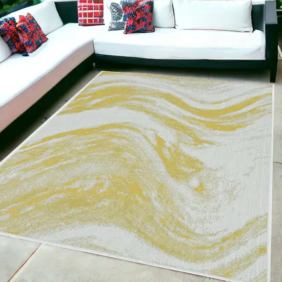 5'X7' Ivory Gold Machine Woven Uv Treated Abstract Waves Indoor Outdoor Area Rug Photo 1