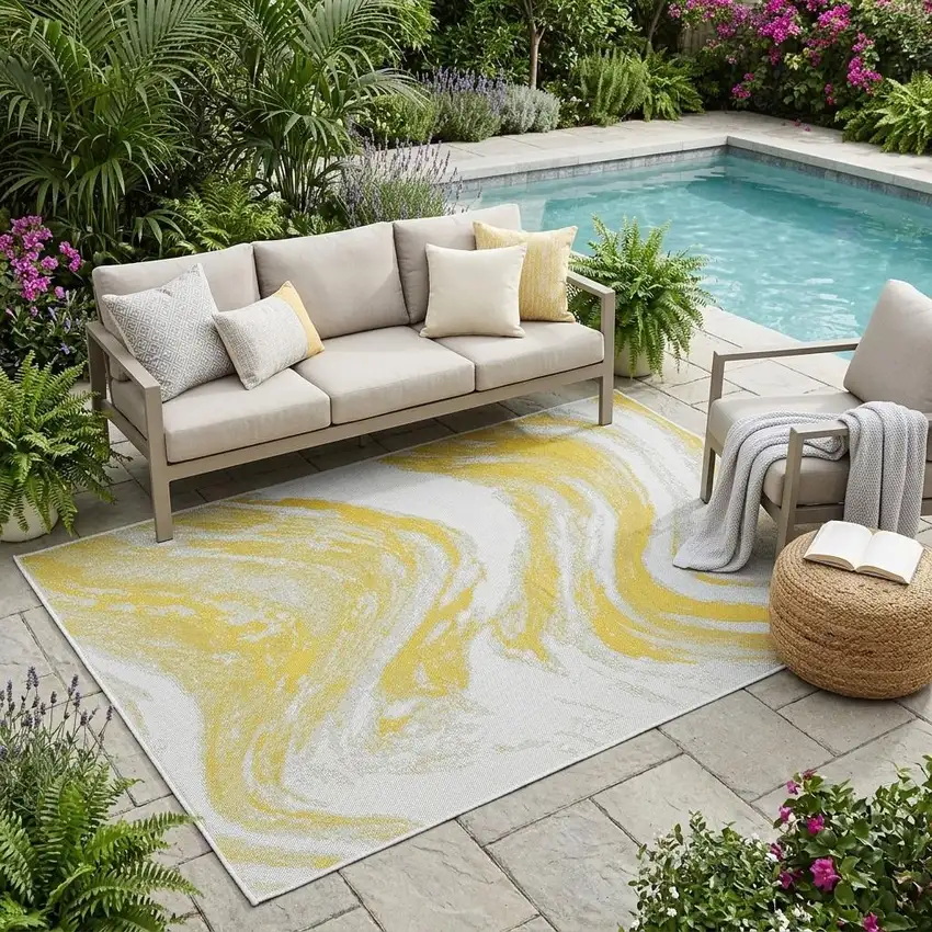 Gold And Ivory Abstract Indoor Outdoor Area Rug Photo 1