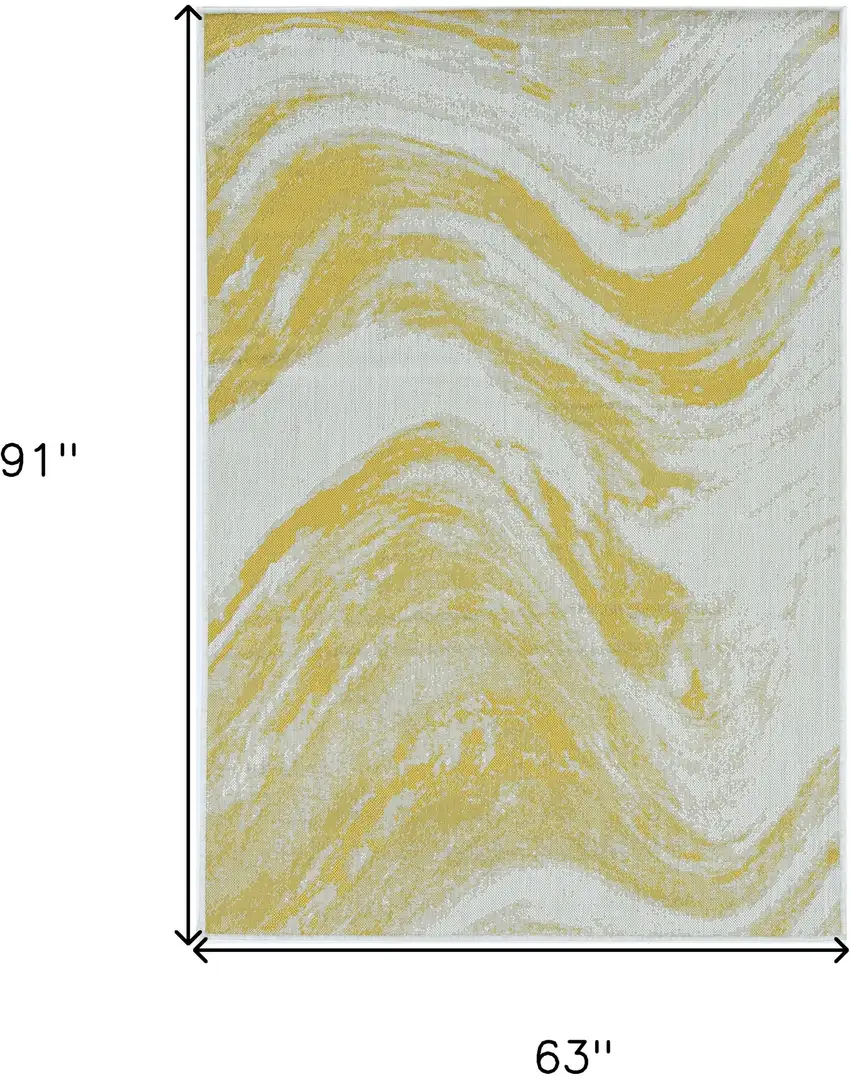 5'X7' Ivory Gold Machine Woven Uv Treated Abstract Waves Indoor Outdoor Area Rug Photo 6