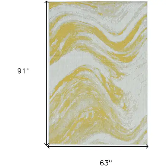 5'X7' Ivory Gold Machine Woven Uv Treated Abstract Waves Indoor Outdoor Area Rug Photo 6