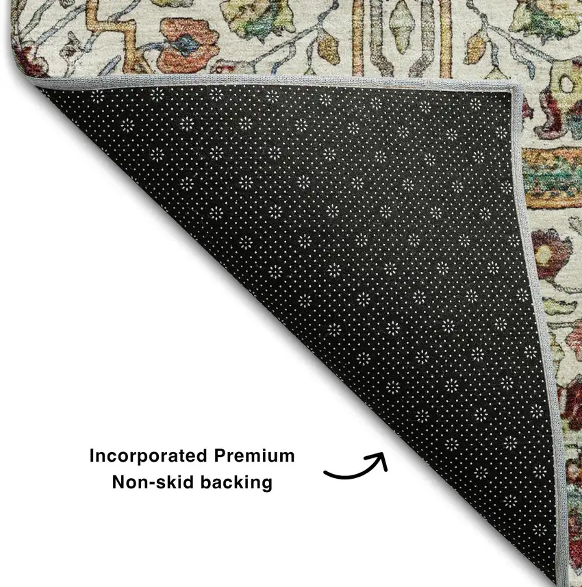Ivory Gold Red And Teal Floral Washable Area Rug With UV Protection Photo 6