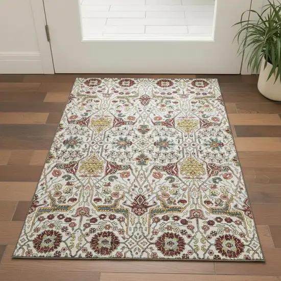 Ivory Gold Red And Teal Floral Washable Area Rug With UV Protection Photo 2