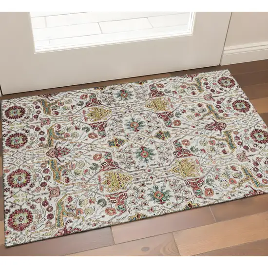 Ivory Gold Red And Teal Floral Washable Area Rug With UV Protection Photo 1