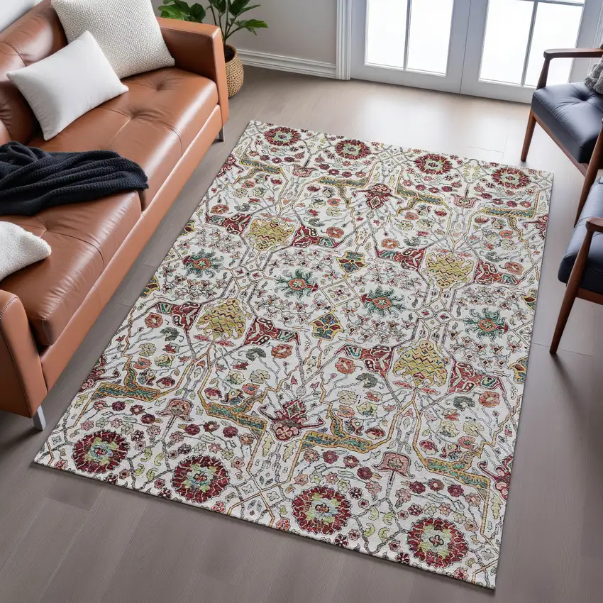 Ivory Gold Red And Teal Floral Washable Area Rug With UV Protection Photo 5