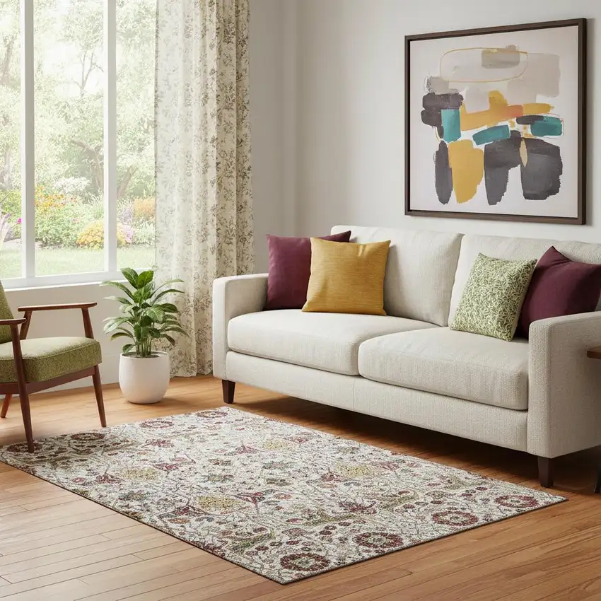 Ivory Gold Red And Teal Floral Washable Area Rug With UV Protection Photo 2