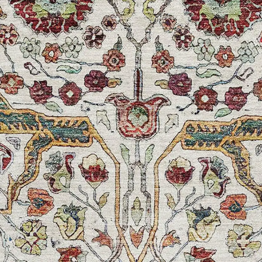 Ivory Gold Red And Teal Floral Washable Area Rug With UV Protection Photo 2