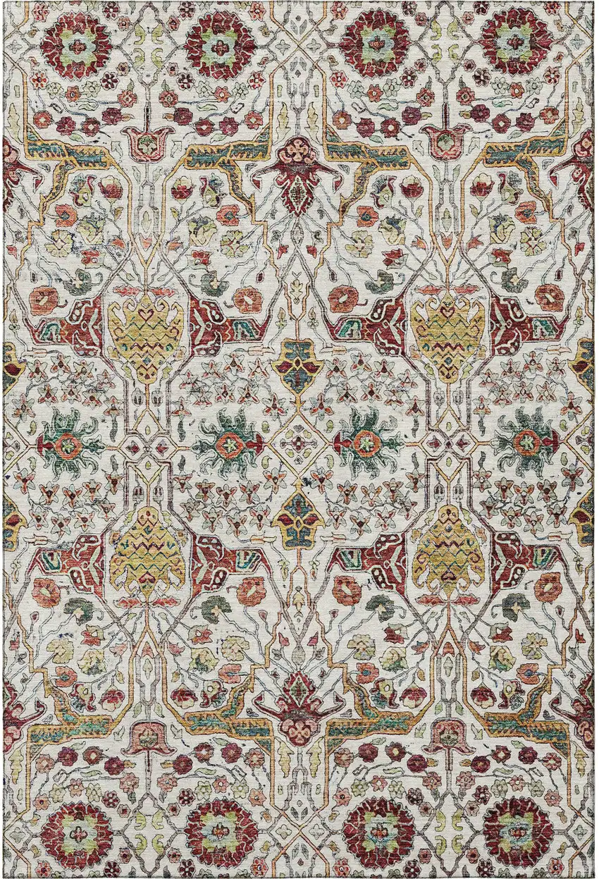 Ivory Gold Red And Teal Floral Washable Area Rug With UV Protection Photo 3
