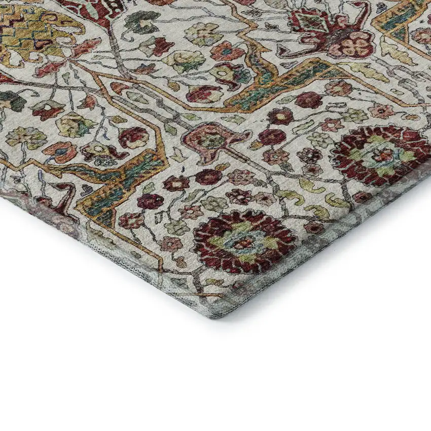Ivory Gold Red And Teal Floral Washable Area Rug With UV Protection Photo 7