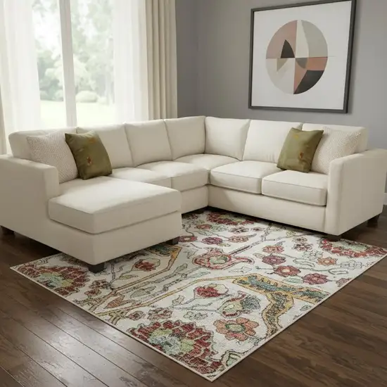 Ivory Gold Red And Teal Floral Washable Area Rug With UV Protection Photo 2