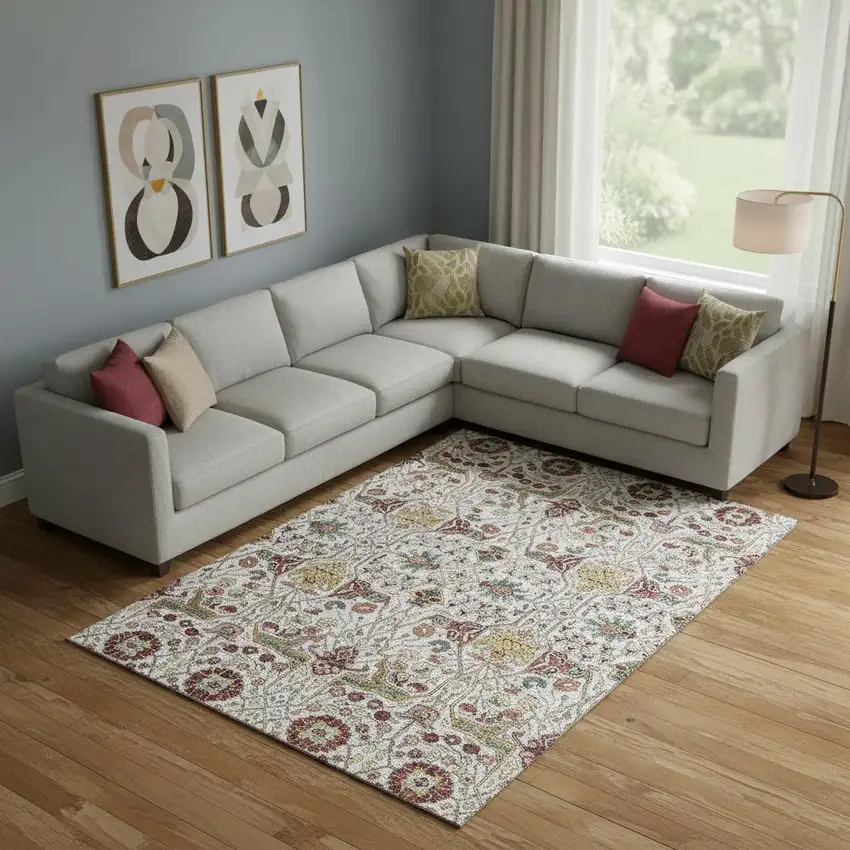 Ivory Gold Red And Teal Floral Washable Area Rug With UV Protection Photo 2