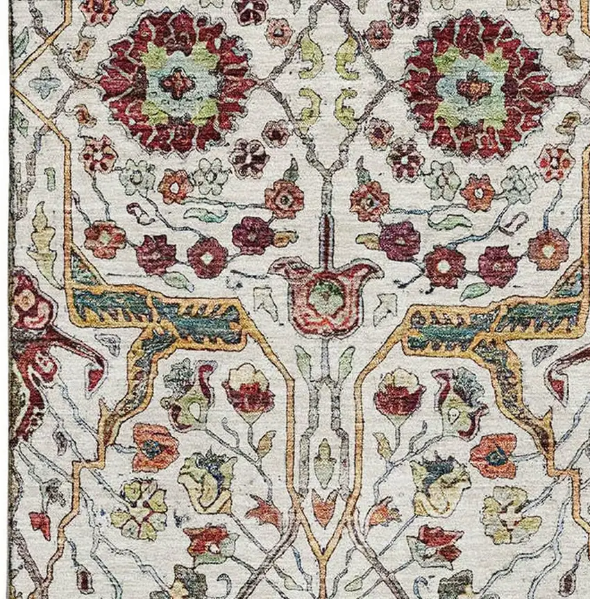 Ivory Gold Red And Teal Floral Washable Area Rug With UV Protection Photo 3