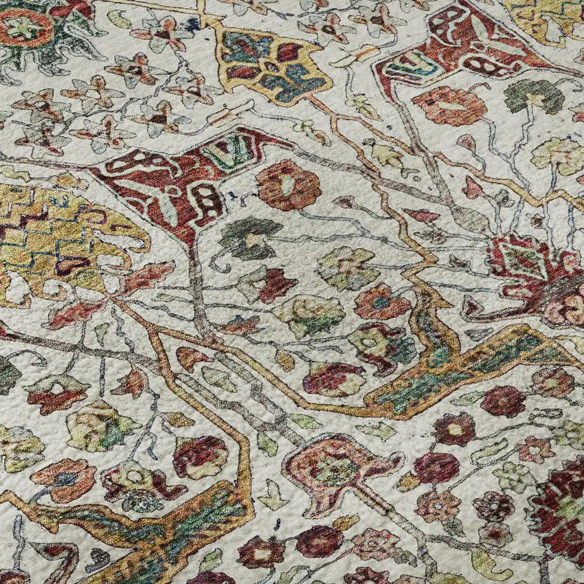 Ivory Gold Red And Teal Floral Washable Area Rug With UV Protection Photo 9