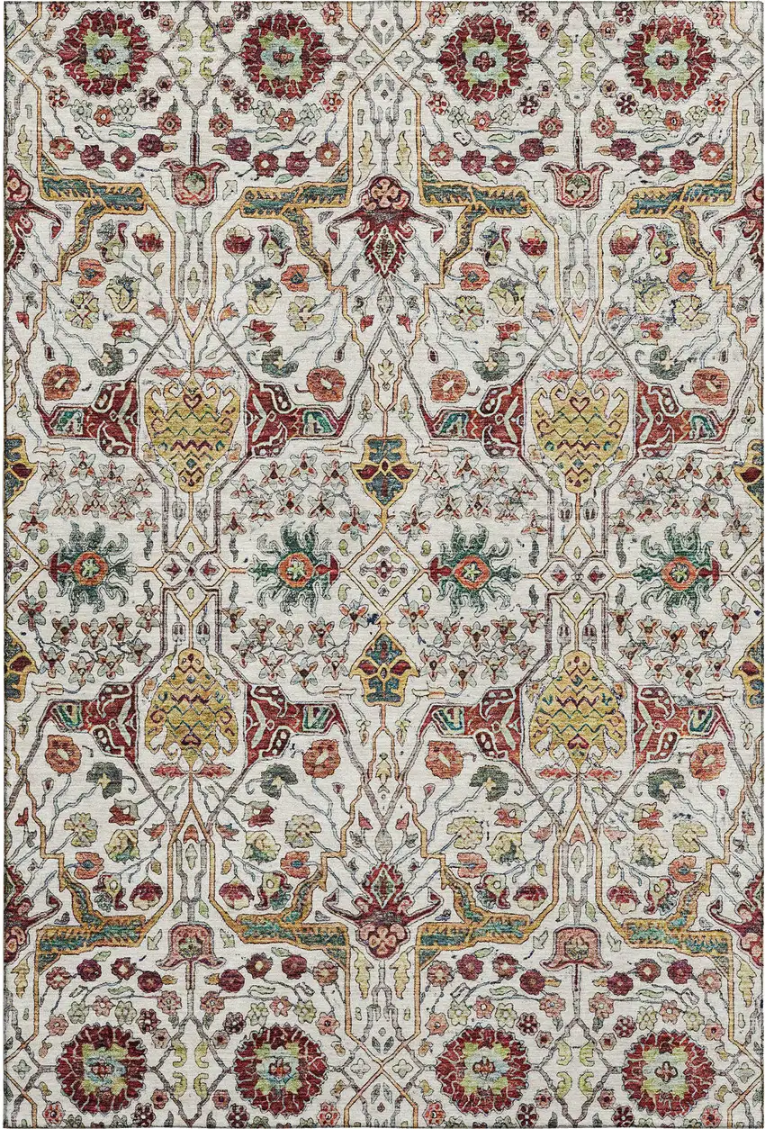 Ivory Gold Red And Teal Floral Washable Area Rug With UV Protection Photo 1