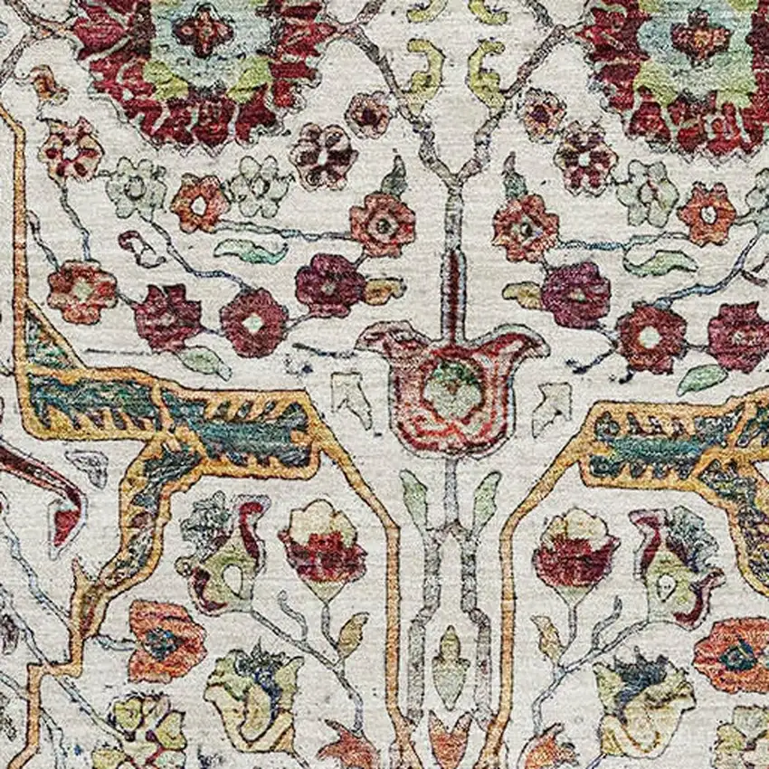 Ivory Gold Red And Teal Floral Washable Area Rug With UV Protection Photo 2