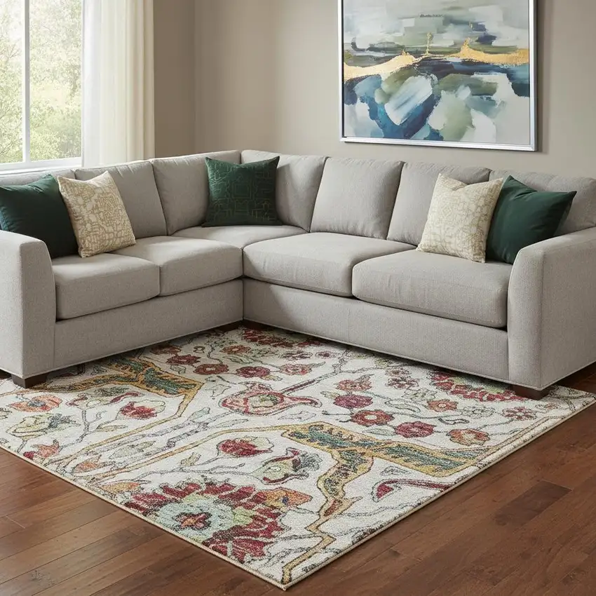 Ivory Gold Red And Teal Floral Washable Area Rug With UV Protection Photo 2