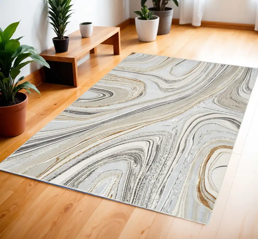 Ivory Gold and Gray Abstract Non Skid Area Rug Photo 2