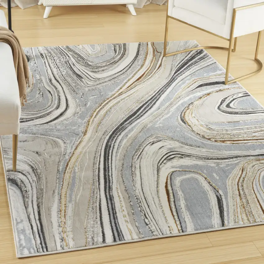 Ivory Gold and Gray Abstract Non Skid Area Rug Photo 3