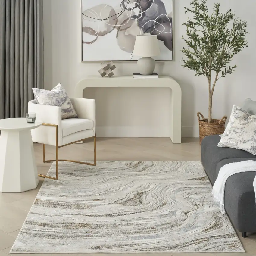 Ivory Gold and Gray Abstract Non Skid Area Rug Photo 4