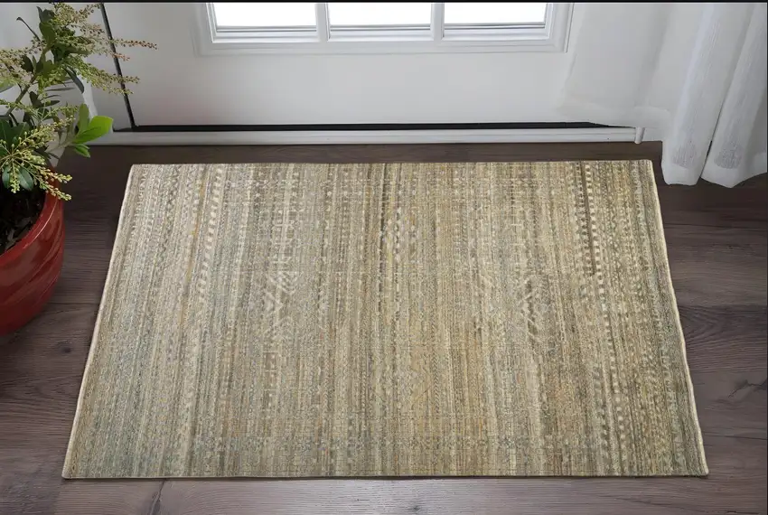 Ivory Gold and Tan Geometric Hand Knotted Worn Faded Area Rug Photo 1