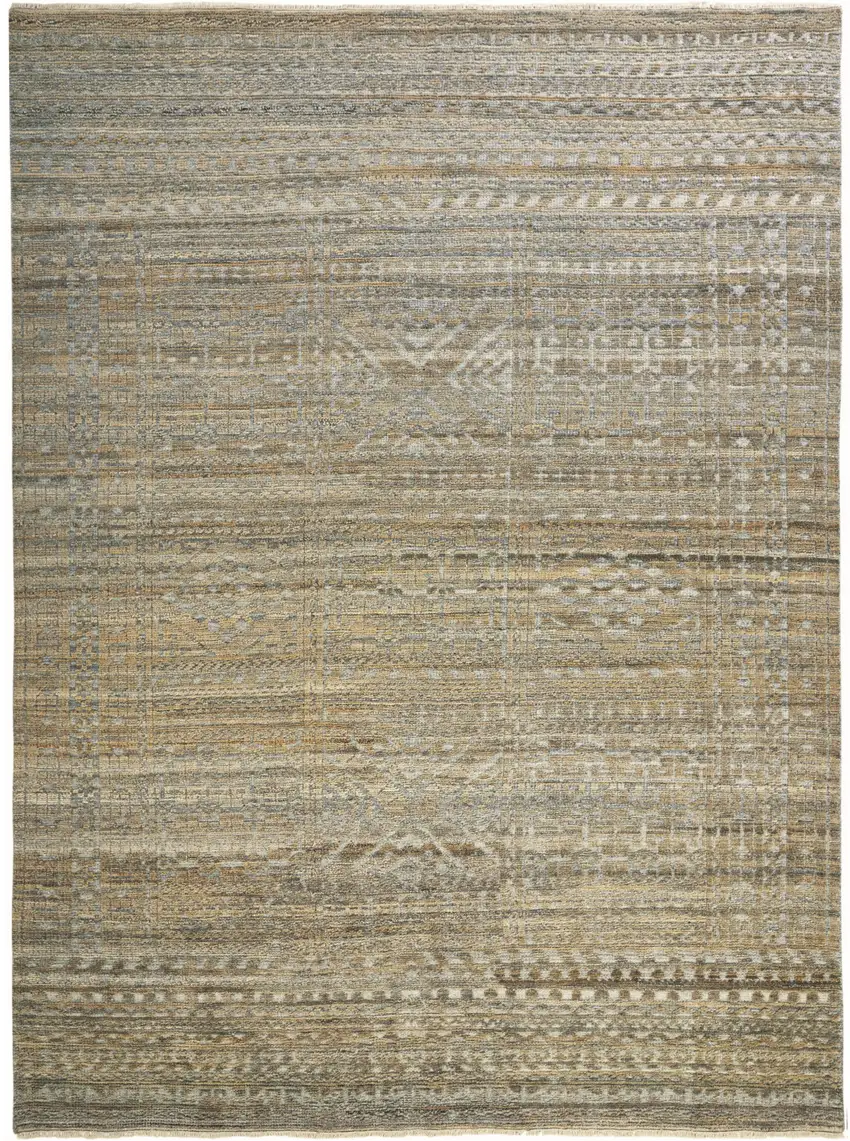 Ivory Gold and Tan Geometric Hand Knotted Worn Faded Area Rug Photo 2