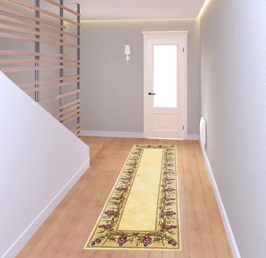Ivory Grapes and Vines Bordered Wool Indoor Runner Rug Photo 6