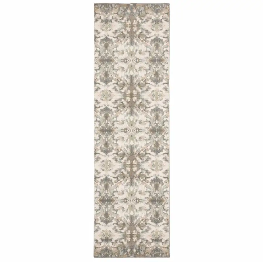 Ivory Gray Abstract Ikat Indoor Runner Rug Photo 5