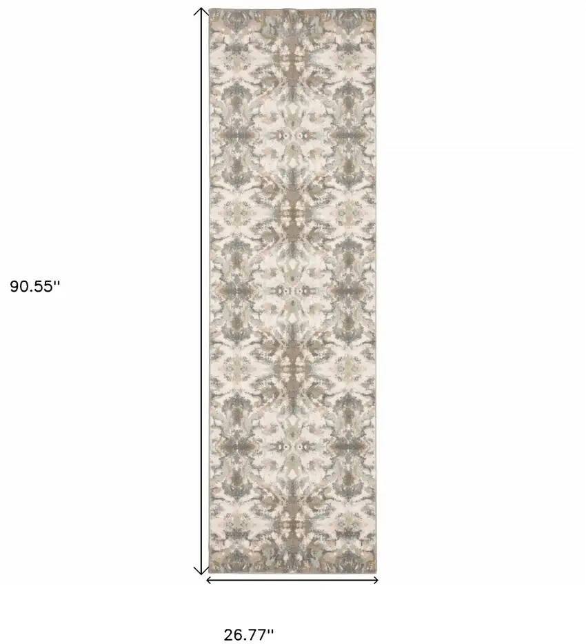 Ivory Gray Abstract Ikat Indoor Runner Rug Photo 6