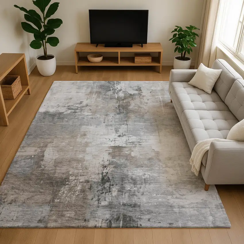 Ivory Gray And Beige Abstract Washable Area Rug With UV Protection Photo 4