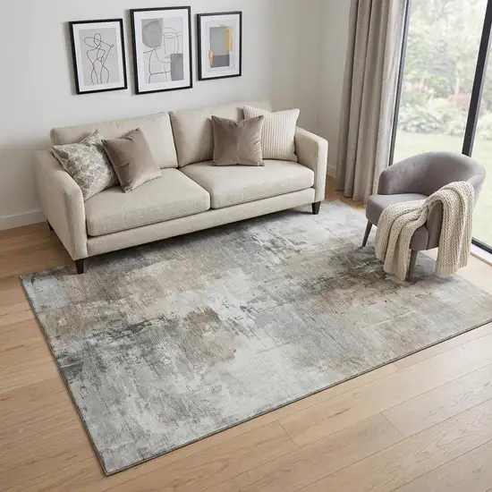 Ivory Gray And Beige Abstract Washable Area Rug With UV Protection Photo 1