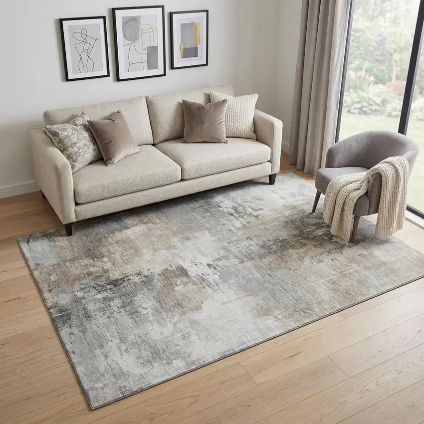 Ivory Gray And Beige Abstract Washable Area Rug With UV Protection Photo 1