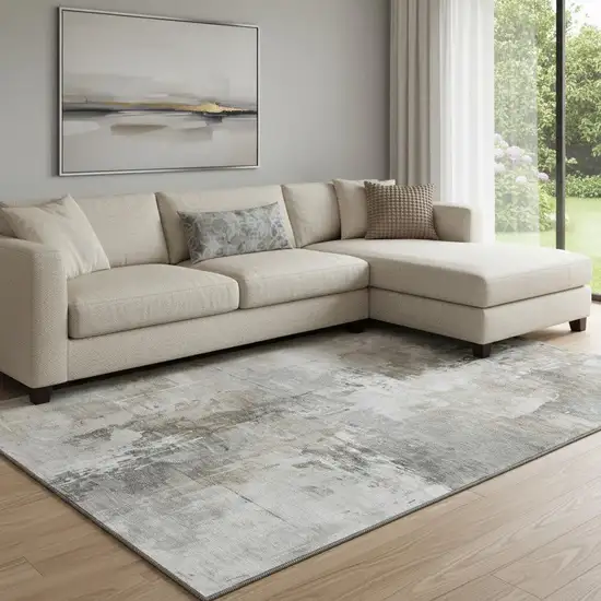 Ivory Gray And Beige Abstract Washable Area Rug With UV Protection Photo 2