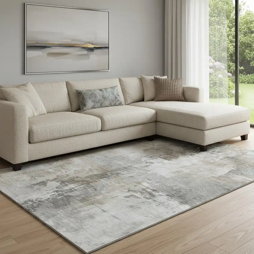 Ivory Gray And Beige Abstract Washable Area Rug With UV Protection Photo 2