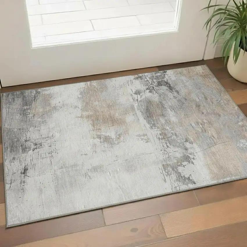 Ivory Gray And Beige Abstract Washable Area Rug With UV Protection Photo 2