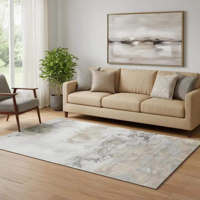 Ivory Gray And Beige Abstract Washable Area Rug With UV Protection Photo 2