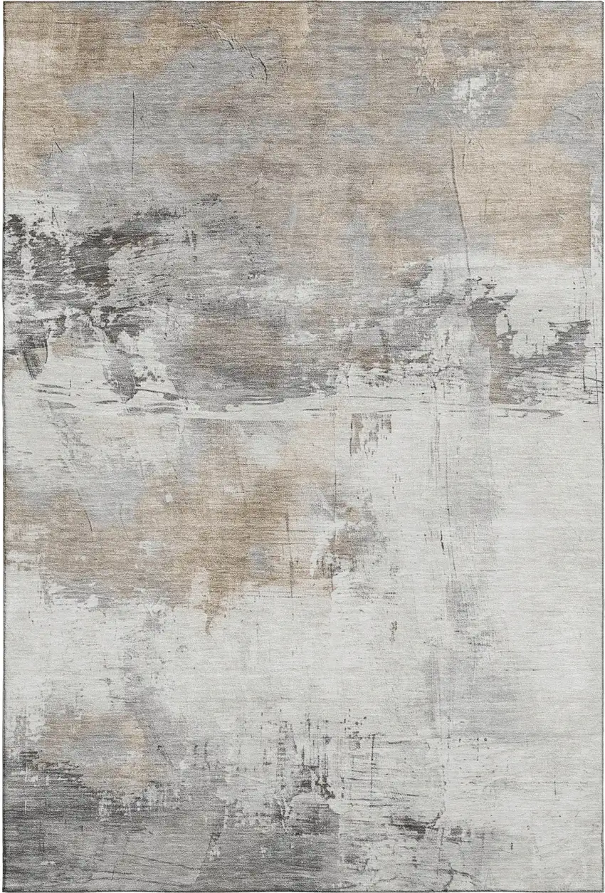 Ivory Gray And Beige Abstract Washable Area Rug With UV Protection Photo 1