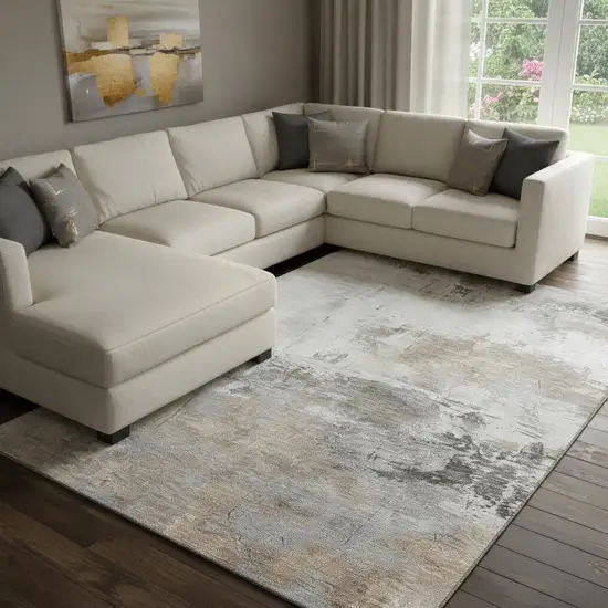 Ivory Gray And Beige Abstract Washable Area Rug With UV Protection Photo 2