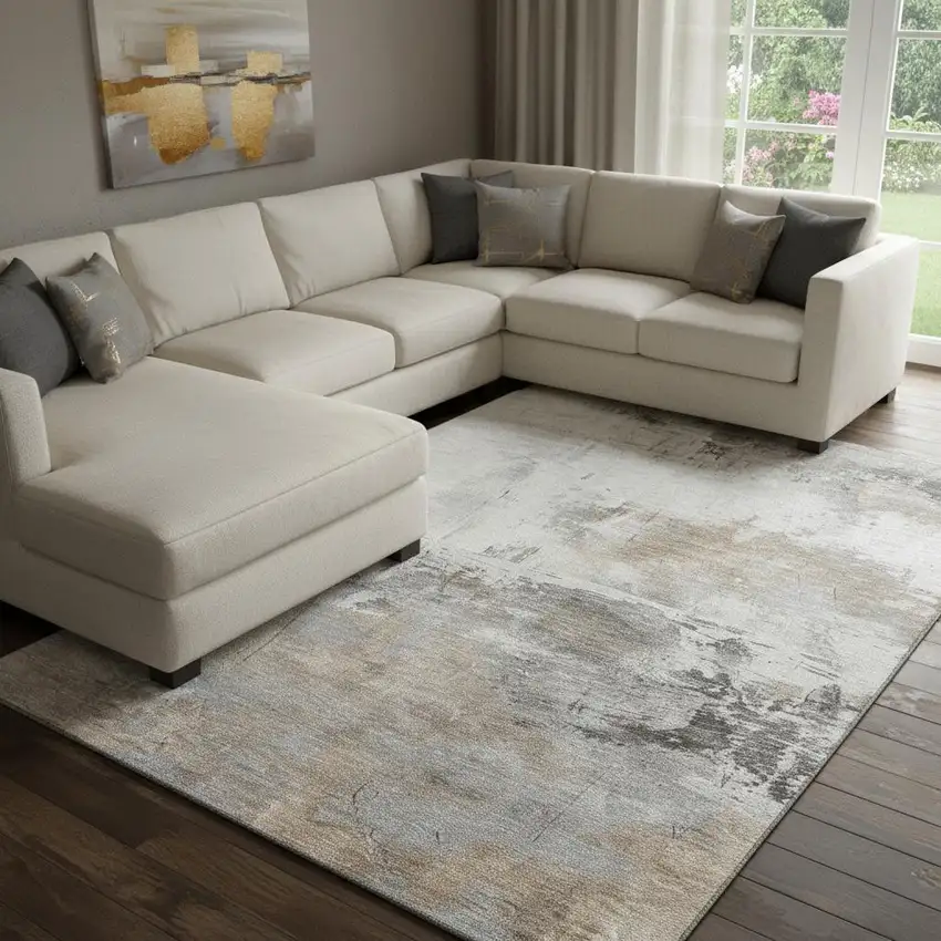 Ivory Gray And Beige Abstract Washable Area Rug With UV Protection Photo 2