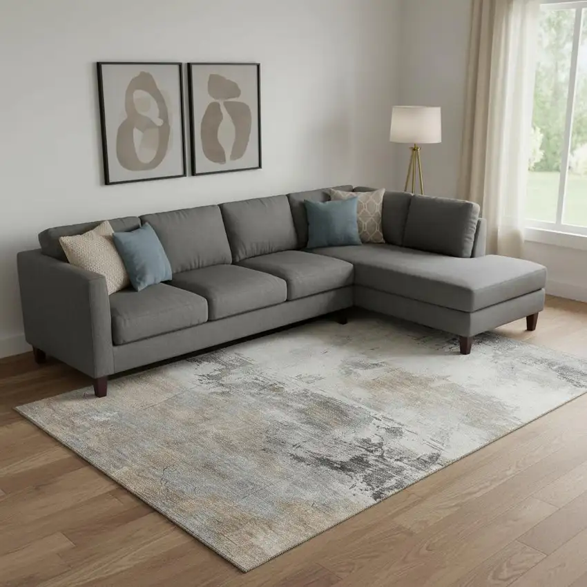 Ivory Gray And Beige Abstract Washable Area Rug With UV Protection Photo 2