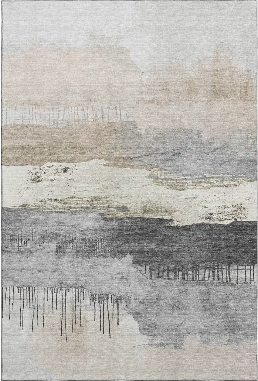 Ivory Gray And Beige Abstract Washable Area Rug With UV Protection Photo 1