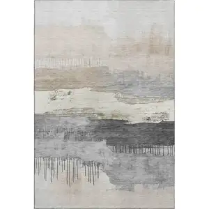 Photo of Ivory Gray And Beige Abstract Washable Area Rug With UV Protection